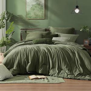 King Size Comforter Set, Olive Green King Bed Set Reversible, King Size Comforter Set 7 Pieces, Cationic Dyeing Bed in a Bag with Comforter, Sheets, Pillowcases & Shams