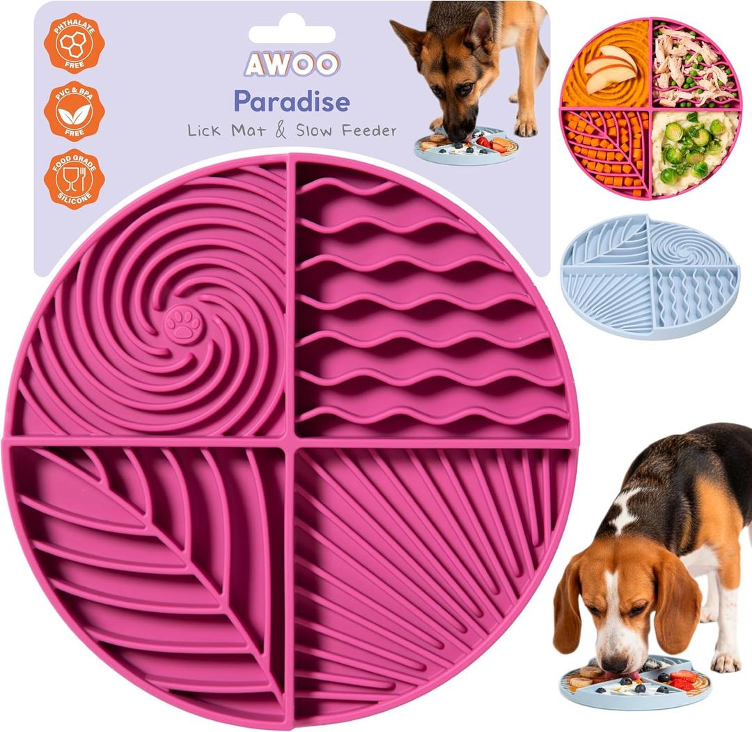 Awoo Paradise - Silicone Dog & Cat Lick Mat and Slow Feeder with Suction Cups - Non-Slip, Dishwasher Safe Pet Dish - Extends Mealtime for Fast Eaters and Reduces Anxiety - For Wet & Dry Food (Fuschia)