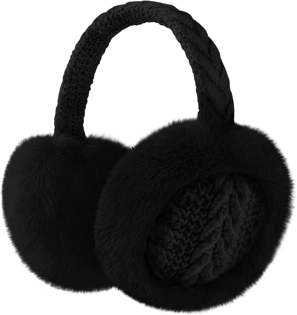 Clothirily Winter EarMuffs for Women, Faux Fur Warm Ear Muffs for Winter, Foldable Ear Covers, Fuzzy Ear Warmers for Women (Black)