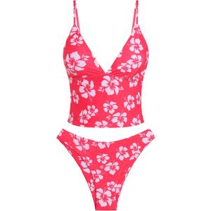 ZAFUL Women's Spaghetti Strap Tankini Swimsuits V Neck Tummy Control Tie Side Thong Bikini Swimsuits 2 Piece Bathing Suits (Pink, S)