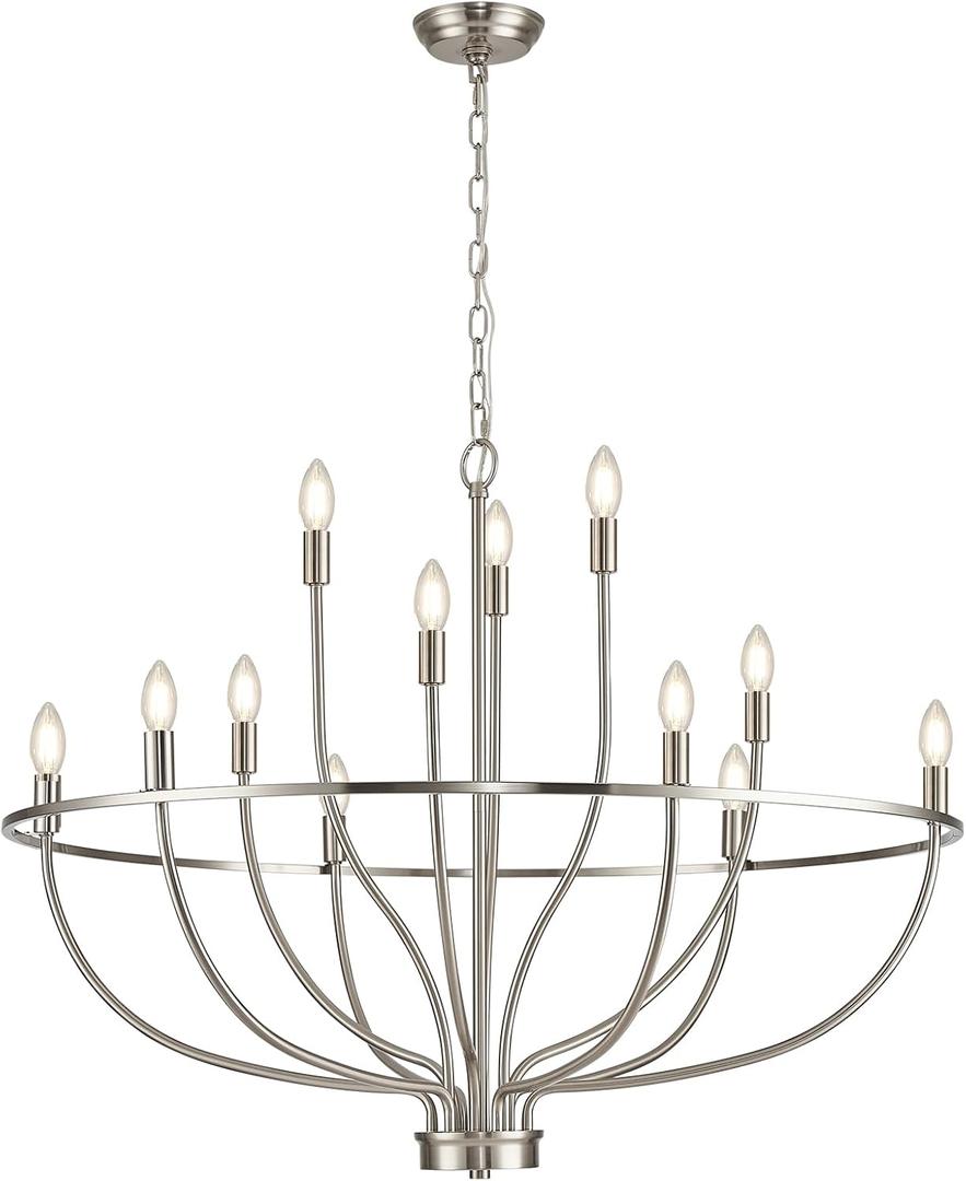 12 Light Brushed Nickel Chandelier, Large Chandeliers for High Ceilings, 36inch Metal Chrome Chandelier Light Fixture Metal Candle Chandelier with Long Chain for Dining Foyer Kitchen Bedroom