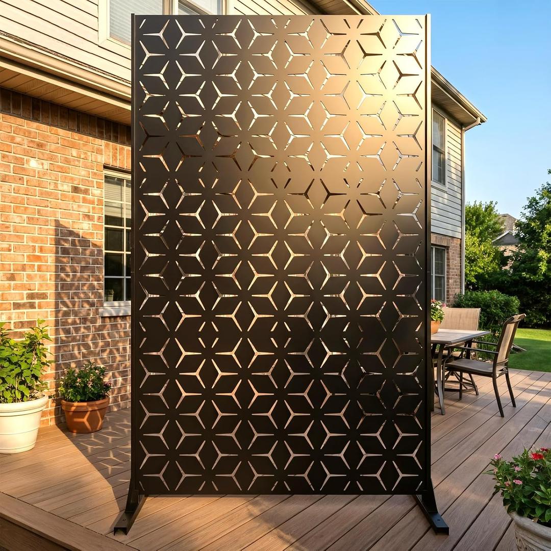 6FT Metal Privacy Screen Outdoor Decorative Laser Cut Privacy Fence Panel for Patio, Deck & Garden, Rustproof Steel Privacy Divider, Modern Geometric Design, Freestanding Outdoor Privacy Screen