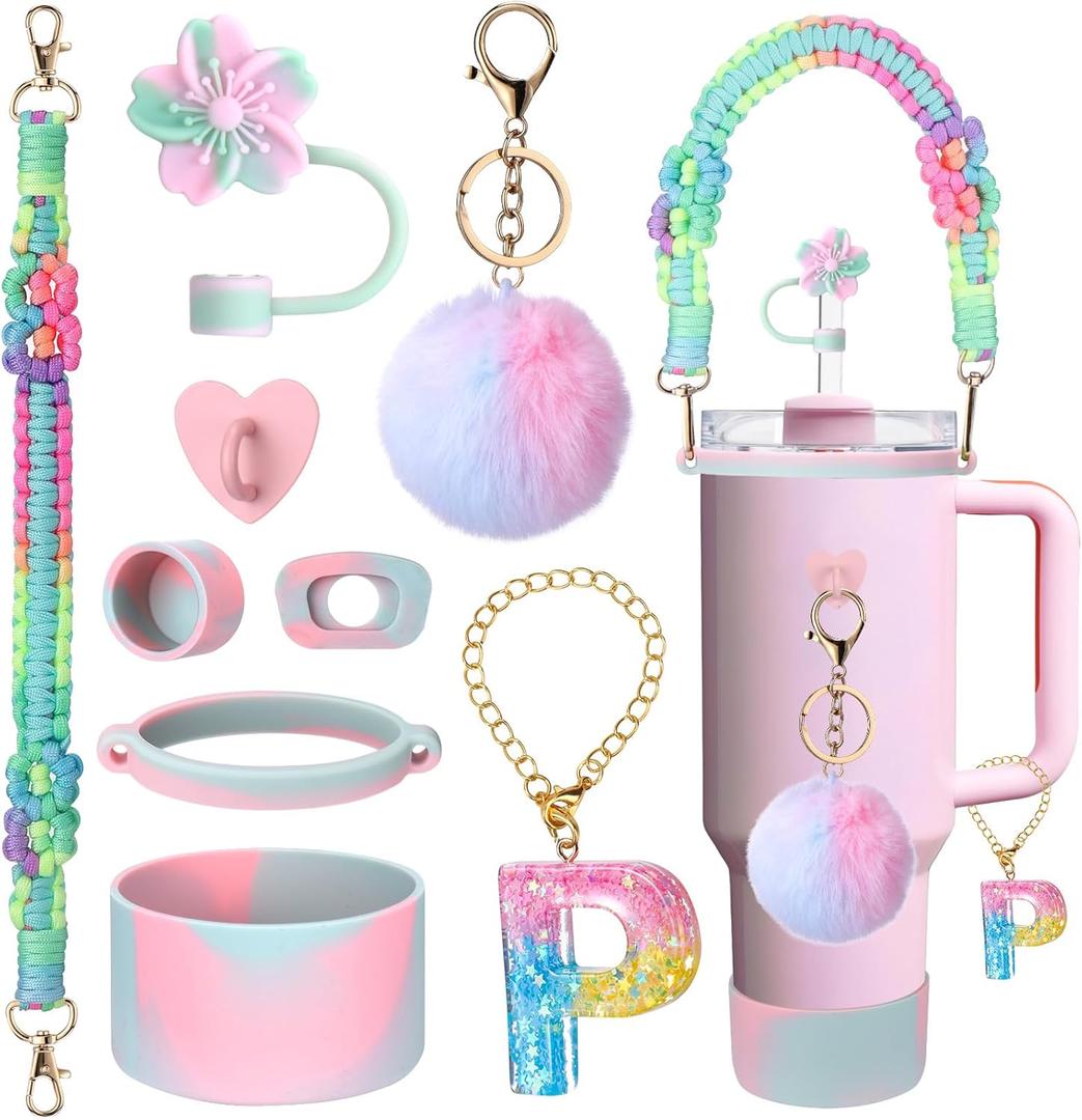 2 x Mity rain 9PCS Cup Accessories for Stanley Cup 30oz 40oz 20oz tumbler with handle - Includes Colorful Water Bottle Handle Strap,Straw Topper,Spill-Proof Stopper,initials Charms,Boot,Pom-Pom Decorate
