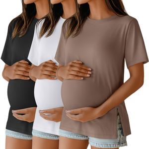 Ficerd 3 Pack Women's Maternity T Shirts, Short Sleeve Side Split Pregnancy Tops Casual Crew Neck Pregnant Tees Mama Clothes (Large, Black, White, Coffee)
