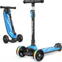 Besrey Kick Scooter for Kids Ages 3-10, 3-Wheel Folding Scooter with Adjustable Height, LED Light Wheels, Extra Wide Deck for Outdoor Activities (Blue)