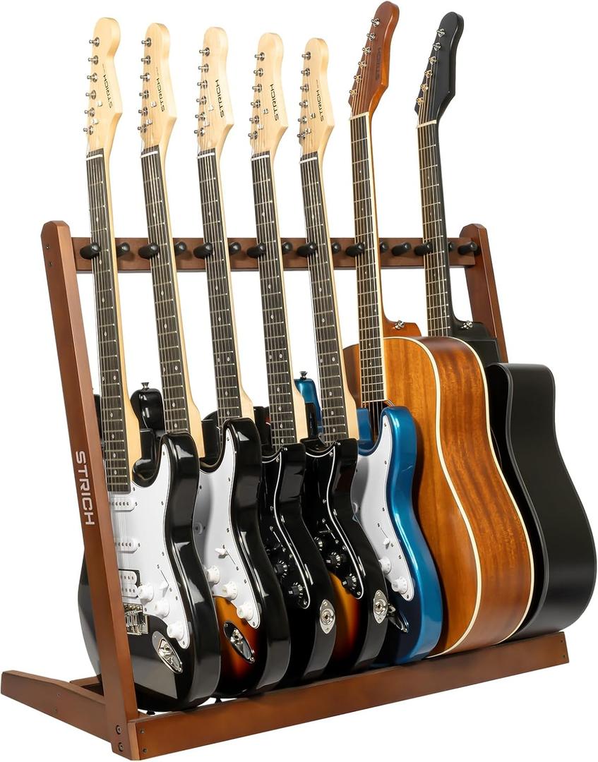 STRICH Wooden Guitar Stand Multiple Guitars, Guitar Rack for 5 Acoustic or 8 Electric Guitars & Basses, Floor Standing Multi Guitar Display for Studio & Home - Protective Padding, SMT-10 (8-Holder)