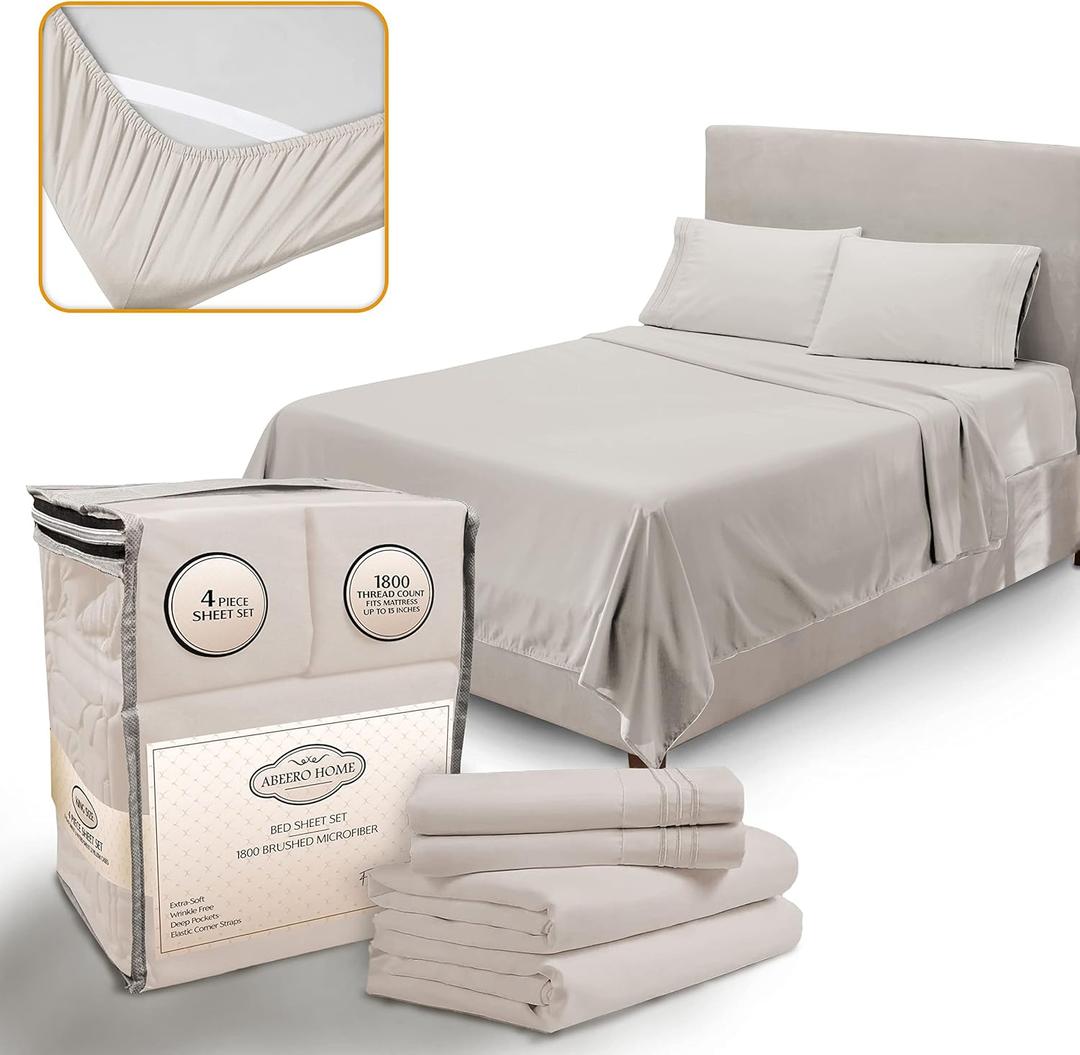 King Size Sheets Set Cooling - Luxury Hotel Sheets - Soft Bed Sheet with Elastic Corner Straps - Deep Pockets Microfiber Bedsheet - Bedding Sheet & Pillowcases - 4 Piece (King, Beige)