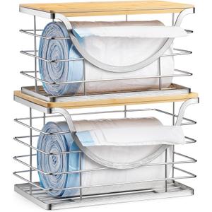 Extra Large waste Bag Holder Stackable Kitchen Storage Slive, 2 Pack Wall Mounted Pantry Organizers and Storage with Bamboo Top, Garbage Bag Dispenser Under Sink for Laundry Room and Kitchen