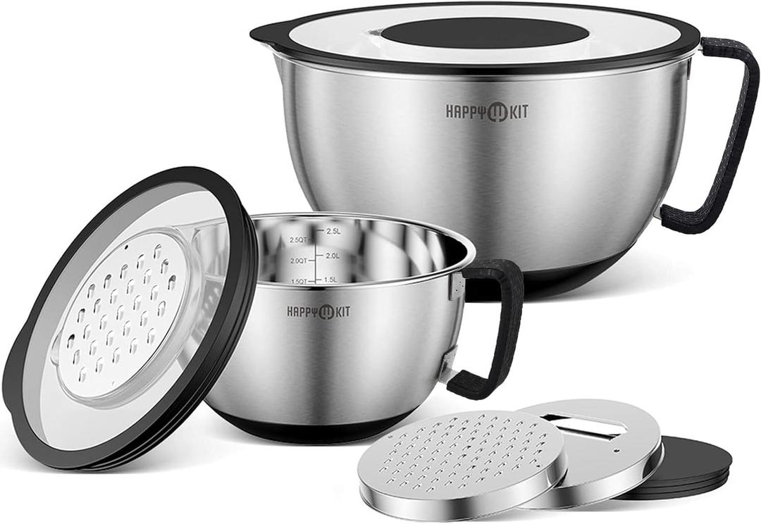 HAPPY KIT 18/8 Mixing Bowls With Lids Set of 2,Stainless Steel Mixing Bowl With Pour Spout, Non-slip Handle and Bottoms, 3 Grater Attachments, Measurement Marks & Lid, Size 5, 3QT(Black)
