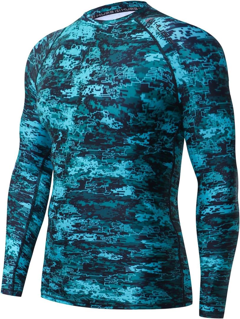 HUGE SPORTS Men's Rash Guard Long Sleeves UPF 50+ UV Sun Protection Quick Drying Splice Compression Swim Shirts (3X-Large, Pixel Green)