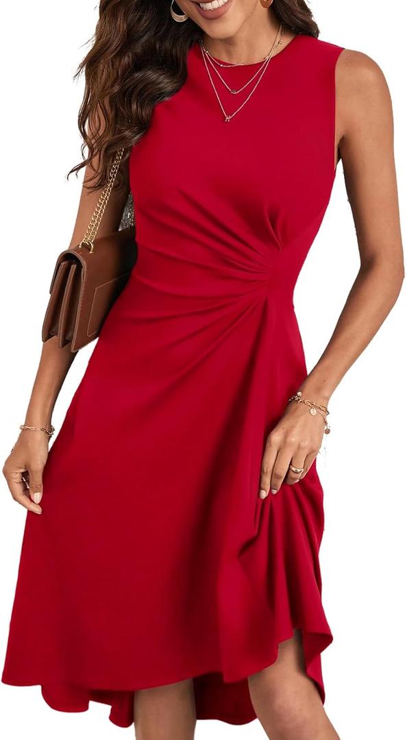 Happy Sailed Women's Summer Dresses Sleeveless Ruched Waist A Line High Low Midi Cocktail Dress(Waist Tight,Please Size Up) (Red)