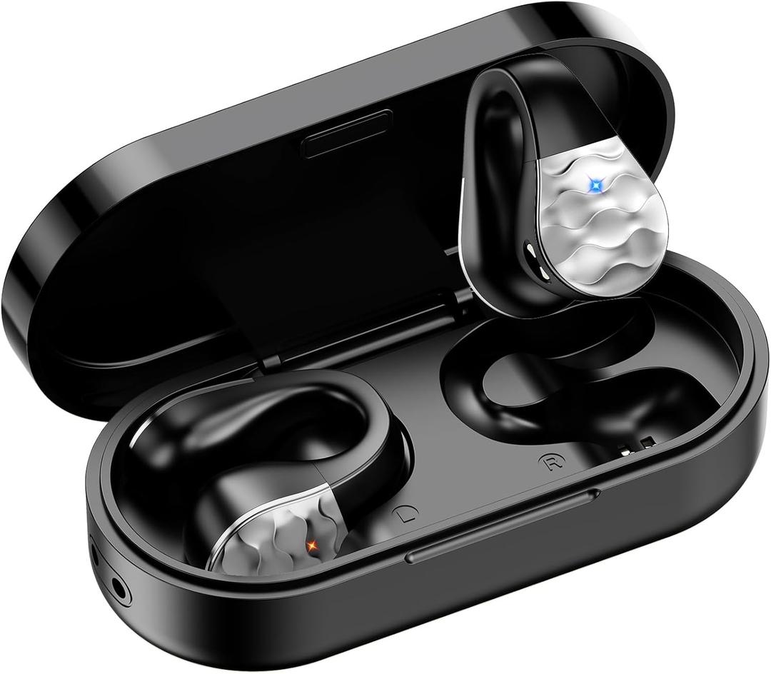 aigo Open Ear Earbuds, Wireless Bluetooth Earphone, Clip on Headphones, Over The Ear Earbuds for Fitness Running Gym Workouts, Built-in Mic, Wireless Charging, Black Headset
