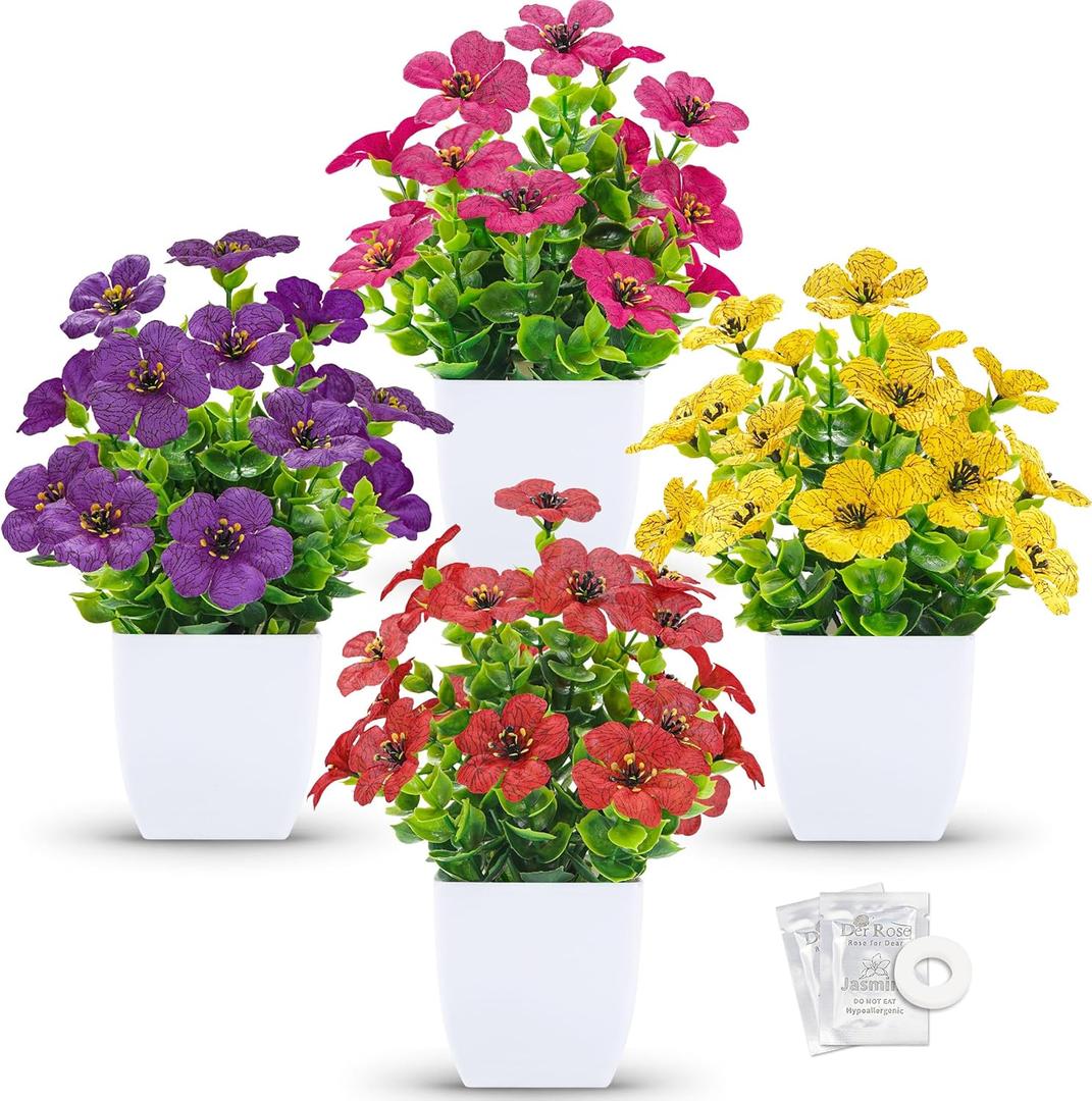 Der Rose 4 Pack Fake Plants with Scented Fragrance Tablets Artificial Flowers for Bathroom Bedroom Office Desk Spring Decor (White)