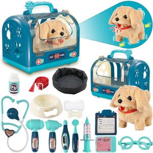 STAY GENT Interactive Dog Toys for Kids, 17Pcs Pretend Play Doctor Kit with Cage, Stethoscope, Robot Dog Toy with Leash, Walking Plush Dog Toys Pet Care Gifts for Boys Girls Aged 3 4 5 6 7 8, Small