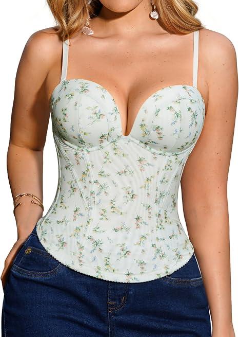 Popilush Corset Tops for Women Mesh Going Out Bustier Top With Straps Green Large