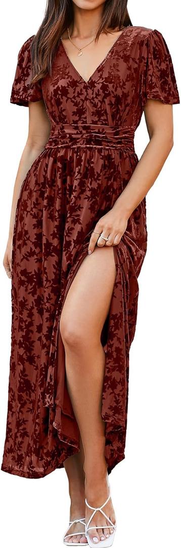 Simplee Women's Velvet Maxi Dress V Neck Short Sleeve Empire Waist Semi Formal Long Cocktail Dresses (Medium)