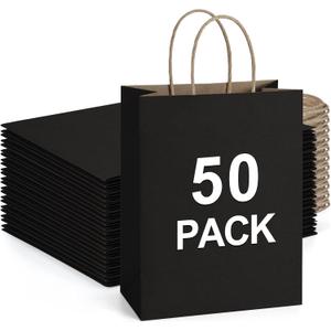 BagDream 50Pcs Gift Bags 8x4.25x10.5 Inches Kraft Paper Gift Bags with Handles Bulk for Shopping, Wedding, Party Favor, Merchandise, Retail, Black Paper Sacks