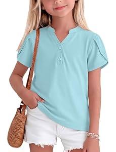 LessonZoo Girls Petal Short Sleeve T-Shirt V-Neck Button Top Solid T Shirts Summer Casual Tee Ages 5-14(5-6 Years,Baby Blue)