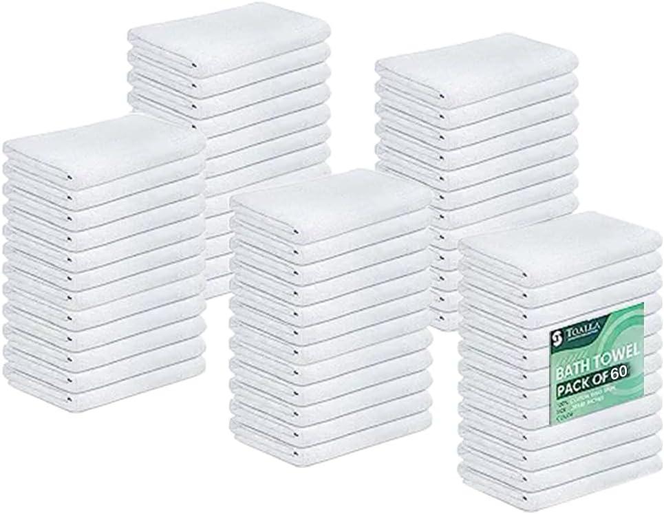 (Pack of 60 White Bath Towel Bulk 20x40 Inches - Economy Cheap Bath Towels for Commercial Uses, Gym, Salon, Spa & Hair -Lightweight Bath Towel Quick Drying -Bath Towels Sets Bulk