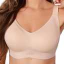 COMFELIE Minimizer Seamless Wireless Bra, Womens No-Underwire Full Coverage V-Neck Adjustable Straps Push Up Everyday Bra (Large, Nude)