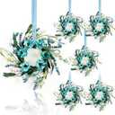 6 Pcs Small Blue Daisy Flower Hanging Wreaths for Cabinets with White Floral Eucalyptus Leaves Lavender Artificial Grains Mini Candle Rings Wreath for Home Front Door Farmhouse Coastal Blue Porch