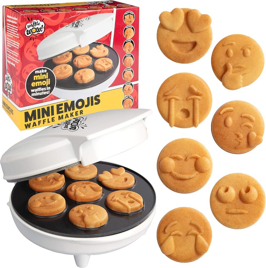 Mini Emojis Waffle Maker for Holiday Breakfast- Make 7 Unique Smiley Face Waffles Pancakes for Kids- Electric Non Stick Iron Feat Kiss Face Heart Eyes & Smile w Recipes, Xmas Gift - Licensed by Emoji