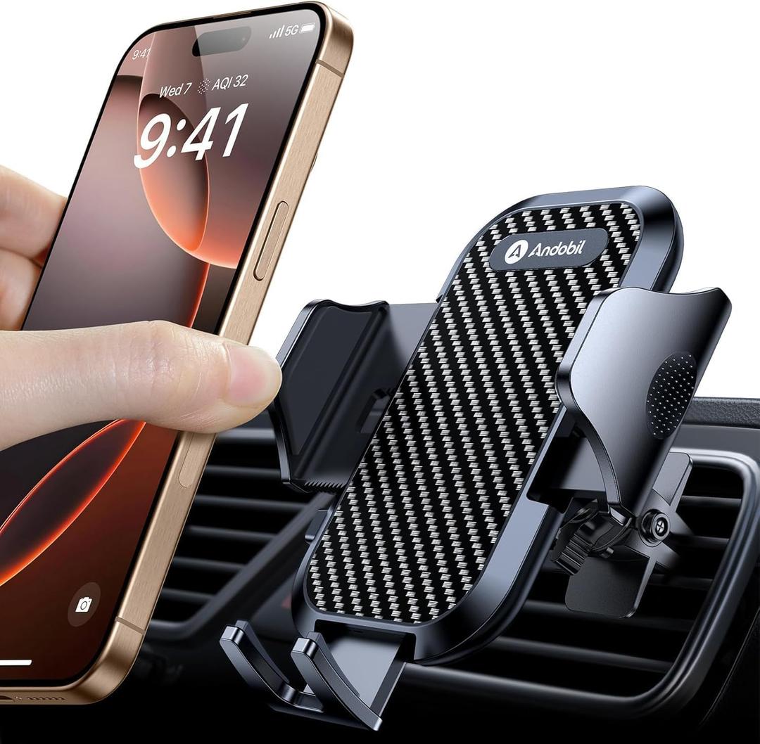 Andobil Phone Holders for Your Car - Air Vent Phone Mount, Ultra-Stable Metal Clip with Anti-Shake & 360 Rotation, Universal Car Mount Fit iPhone 16/15/14/13/12 Pro Max/Android/Samsung Galaxy (A - Black Panel)