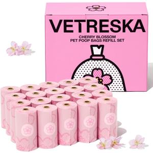 VETRESKA Cherry Blossom Scented Dog Poop Bags, Leak Proof, Extra Thick and Large Pet Waste Bags for Dog Walking and Cat Litter, 20 Refill Rolls, 300 Bags, Pink, 1 Count (Pack of 300)