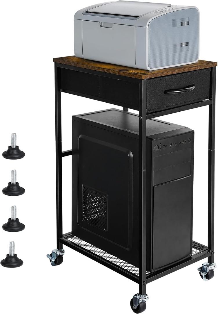 YBING Computer Tower Stand PC Tower Stand with Storage Drawer Mobile CPU Holder Stand with Caster Wheels 2 Tier Rolling Computer Tower Cart for Home Office Fax, Rustic Brown