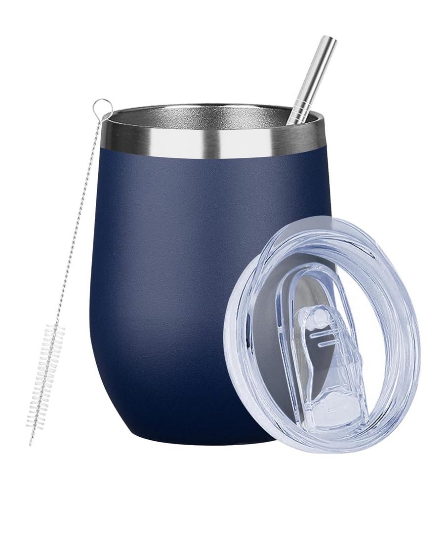 MEZMUT 12 Oz Insulated Wine Tumbler with Lid Double Wall Vacuum Stainless Steel Wine Glass Coffee Mug Insulated Tumbler Cup for Champaign, Cocktail, Beer (Navy, 1 Pack)