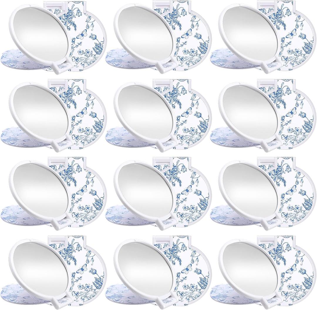 24 Pcs Blue Floral Mini Compact Mirrors Bulk Small Pocket Bridesmaid Mirrors for Bridal Shower Party Favors Purse Travel Makeup Folding Glass Gift for Women Wedding Guest Birthday