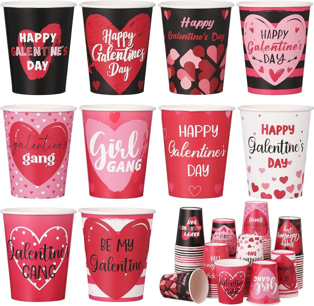 Vesici 100 Pcs Galentine's Day Cups Gifts Bulk 9 oz Galentines Paper Heart Cups Pink Red Happy Galentine's Day Party Favors for Women Ladies Friendship Gifts Valentine Party Decor Supplies