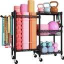 FUTASSI Home Gym Storage, 3 Tiers Workout Equipment Organizer with Wheels for Yoga Mats, Foam Roller, Dumbbells, Kettlebells, and Resistance Bands (Double-Row, Black)