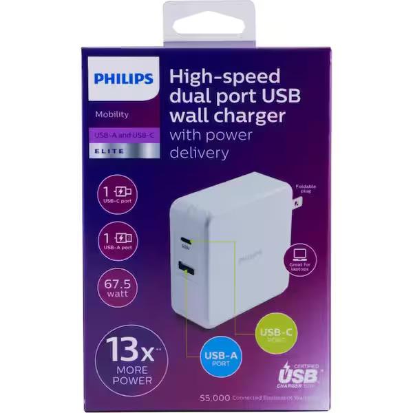 Philips USB-C USB-A Wall Charger with Power Delivery,White