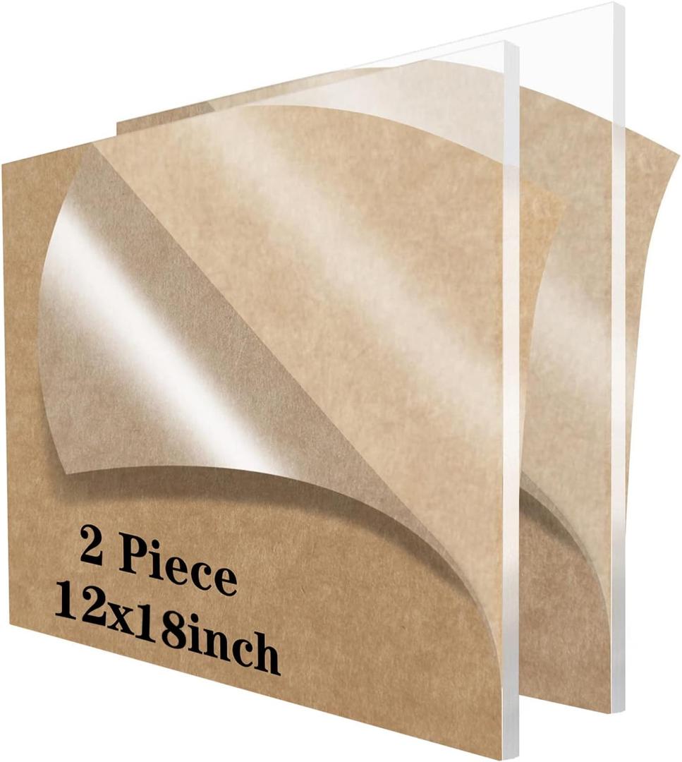 2 Pieces 12 x 18 Cast Acrylic Sheet Plexiglass Sheets 1/8 inch Thick (3mm) Clear Acrylic Sheet Clear Plastic Sheet，for Sign，Craft，Photo，DIY Display Projects