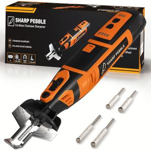 Sharp Pebble Electric Cordless Chainsaw Sharpener Kit - Comes with Chain Saw Sharpener Tool, 4 File Size Sharpening Wheels, Angle Attachment, Wrench & eBook