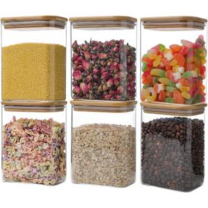 Liuruiyu Glass Storage Jars 12 * 8cm [Set of 6],Clear Glass Food Storage Containers with Airtight Bamboo Lid Stackable Kitchen Canisters for Candy,Cookie,Rice,Sugar,Flour,Pasta(Square)