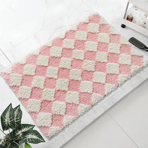 Pink Bathroom Rug Cute Checkered Bath Mat for Bathroom Soft Super Absorbent Non Slip TPR Backing, Quick Drying, Machine Washable Bath Mats for Floor, Shower Sink,31" x 20"