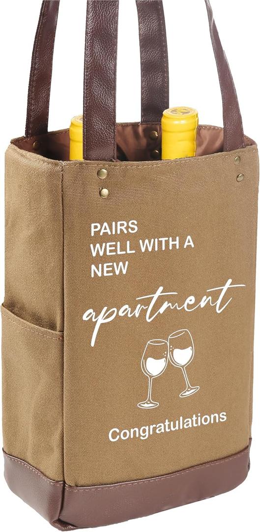 ZVMIS Housewarming  Bag Gifts - 2 Bottle Insulated Canvas Tote (Brown, 11.8" H 7" W 3.14" Thickness)
