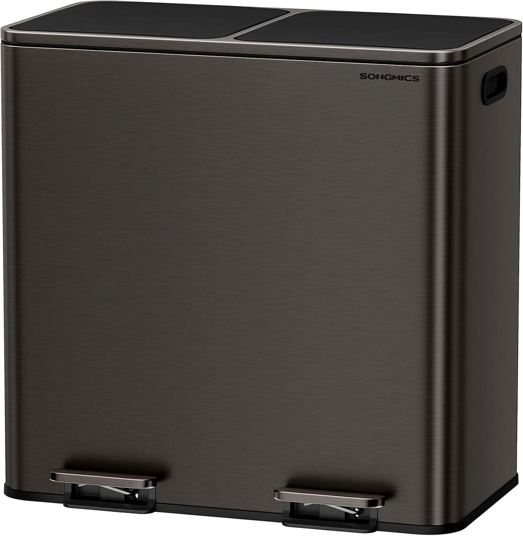 SONGMICS Trash Can, 2 x 10.6 Gallon (2 x 40 L) Garbage Can for Kitchen, with 15 Trash Bags, 2 Compartments, Plastic Inner Buckets and Hinged Lids, Airtight, Slate Gray ULTB730G01V1
