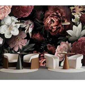 80" x 61" Moody Dark Floral Peony Butterfly Wallpaper Canvas material vintage dark floral rose wallpaper easy peel and stick removable waterproof durable home decor