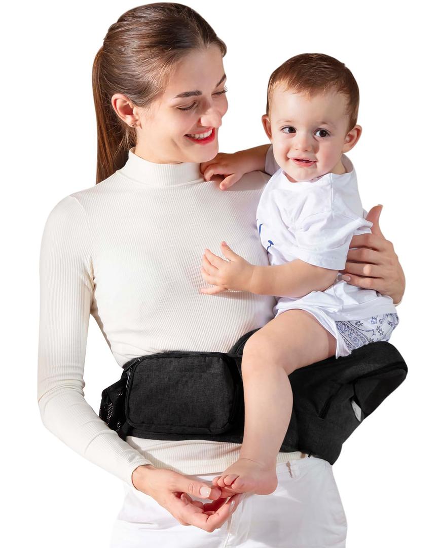 Baby Hip Seat Carrier, GROWNSY Baby Carrier with Multiple Pockets, Adjustable Extended Waistband for Newborns & Toddlers up to 50 lbs, Black