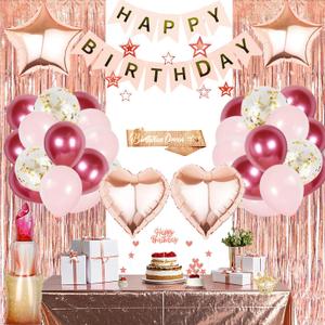 Women Girls Birthday Party Decorations, Rose Gold Foil Fringe Curtain, Happy Birthday Banner, Hanging Star, Metallic Tablecloth, Lipstick Crown Heart Confetti Balloons, Sash for Princess