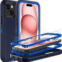 YKHJKLEC for iPhone 15 Case, Military Grade 3 in 1 Heavy Duty Shockproof/Drop Proof/Dust Proof Case with 2Pcs Tempered Glass Screen Protector (Navy Blue)