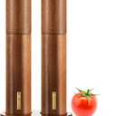 Wooden Salt and Pepper Grinder Set 10 Inch Manual Salt and Pepper Mill with Tray Adjustable Coarseness Refillable Wood Grinders with Gold Bottle Label for Kitchen(Wood Color)