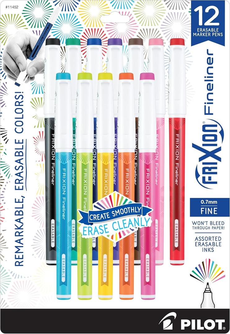 Pilot, FriXion Fineliner Erasable Marker Pens, Fine Point 0.7 mm, Pack of 12, Assorted Colors (12 Count (Pack of 1))
