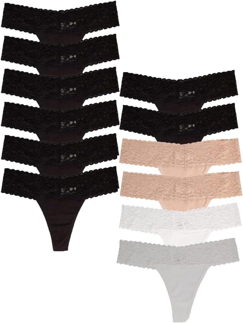 Jo & Bette Lace Thongs for Women - 6 or 12 Pack Low Rise Thongs - Lace Panties Cotton Underwear Women Sexy No Show Soft (Small, 6pk Black, 6pk Neutral)