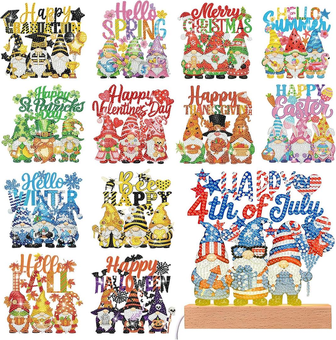 Chunful 13 Pcs Gnome Interchangeable Seasonal Diamond Art Tabletop Holiday Diamond Art Painting Kit with Wooden Light Base for Home Office Tiered Tray Tabletop Decor DIY Crafts Gifts