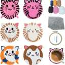 57lilina Punch Needle Coaster Kit for Adults Beginners Kids, 6 Set Complete Animal Cat Punch Needle Stitching Embroidery Art Kit, Step-by-Step Guide Make Punch Needling Drink Coasters for Starter