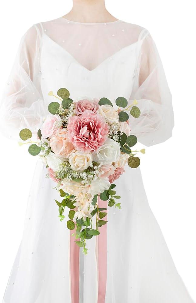 Bridal Bouquet Cascading, Dusty Rose & Champagne Wedding Bouquets for Bride Bridesmaid 10" Artificial Flowers Bouquet for Wedding Decor